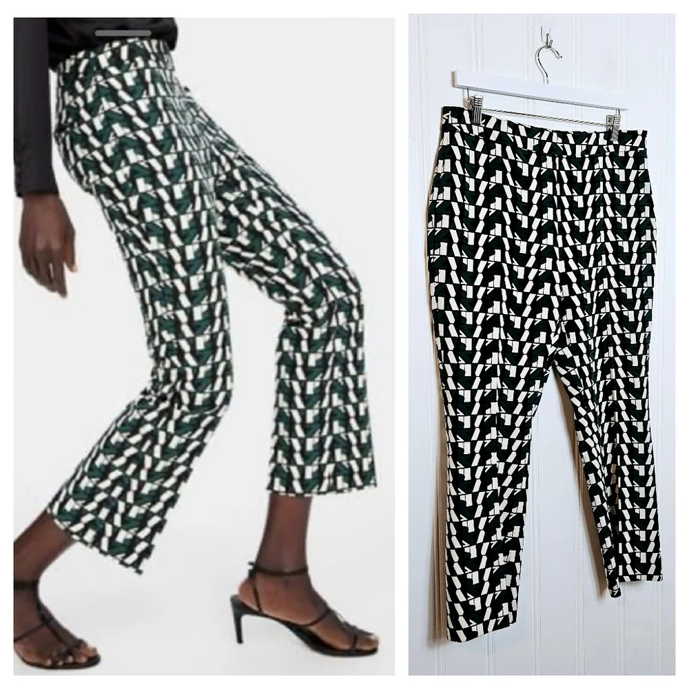 Zara High Waist Black Green Geo Logo Print Cropped Trousers Women’s Large